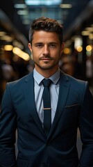 Portrait of smiling mid adult businessman standing at corporate office. Model portrait illustration. Generative AI