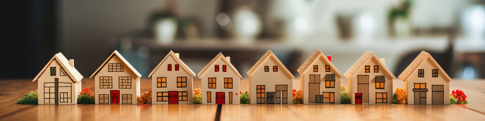 Housing crisis, toy wooden block houses in a row on the kitchen worktop,