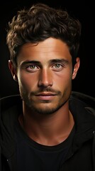 Fototapeta premium Studio shot of young man looking at the camera. Horizontal format, he has a serious face, he is wearing a black T-shirt. Man face portrait illustration. Generative AI
