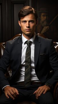 Portrait of handsome man in black suit. Model illustration. Generative AI