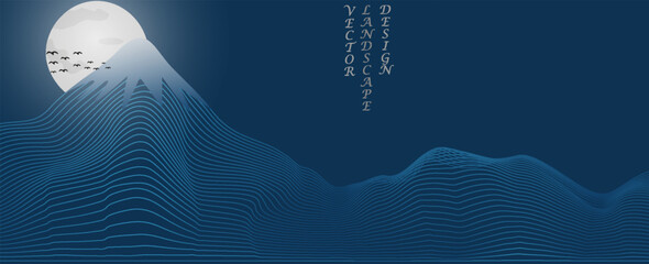 Panele Szklane  Vector abstract art Mount Fuji Japan landmark, landscape mountain with birds and sunrise sunset by gold line art texture isolated on dark grey black color background. Minimal luxury style.