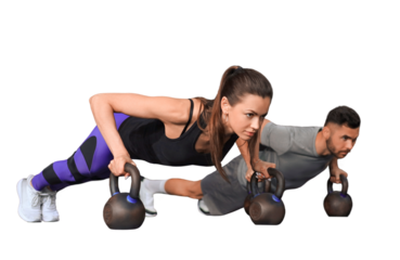 Sporty man and woman doing push-up on a transparent background