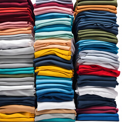 Colored multi-colored T-shirts lie in a stack.