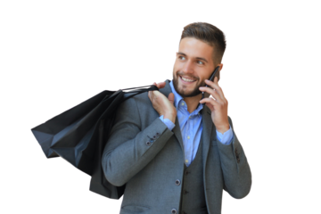 Young businessman with shopping bag talking on the phone on a transparent background