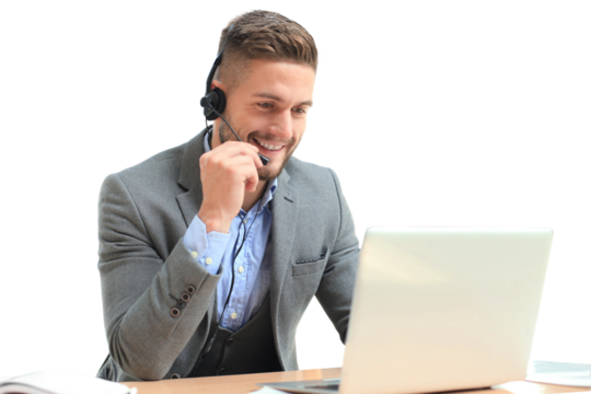 Smiling friendly handsome young male call centre operator on a transparent background