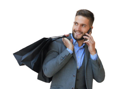 Young businessman with shopping bag talking on the phone on a transparent background - Powered by Adobe