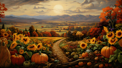 Fall in love with the bountiful colors of autumn as farmers harvest amidst golden fields. This highly detailed banner encapsulates the epic essence of the season. - obrazy, fototapety, plakaty