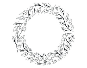 Botanical decoration, doodle branch with leaves, Herbal wreath. Vector isolated black and white Latin alphabet Letter O.