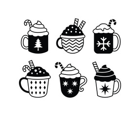 set of christmas hot chocolate cakes cupcakes icon vector design collections black white simple modern style element isolated 