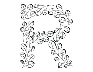 Botanical herbal decoration, doodle branch with leaves. Vector isolated black and white Latin alphabet Letter R.