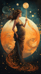 Surreal art concept on the topic: Astrology and natal chart calculations. pregnant woman with planets, esoteric mystical abstract magic. against the backdrop of the cosmic sky - obrazy, fototapety, plakaty