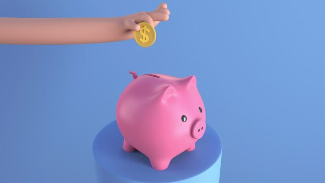 Animated White Hand Putting Coins Into Pink Piggy Bank On Round Blue Table In Blue Background.