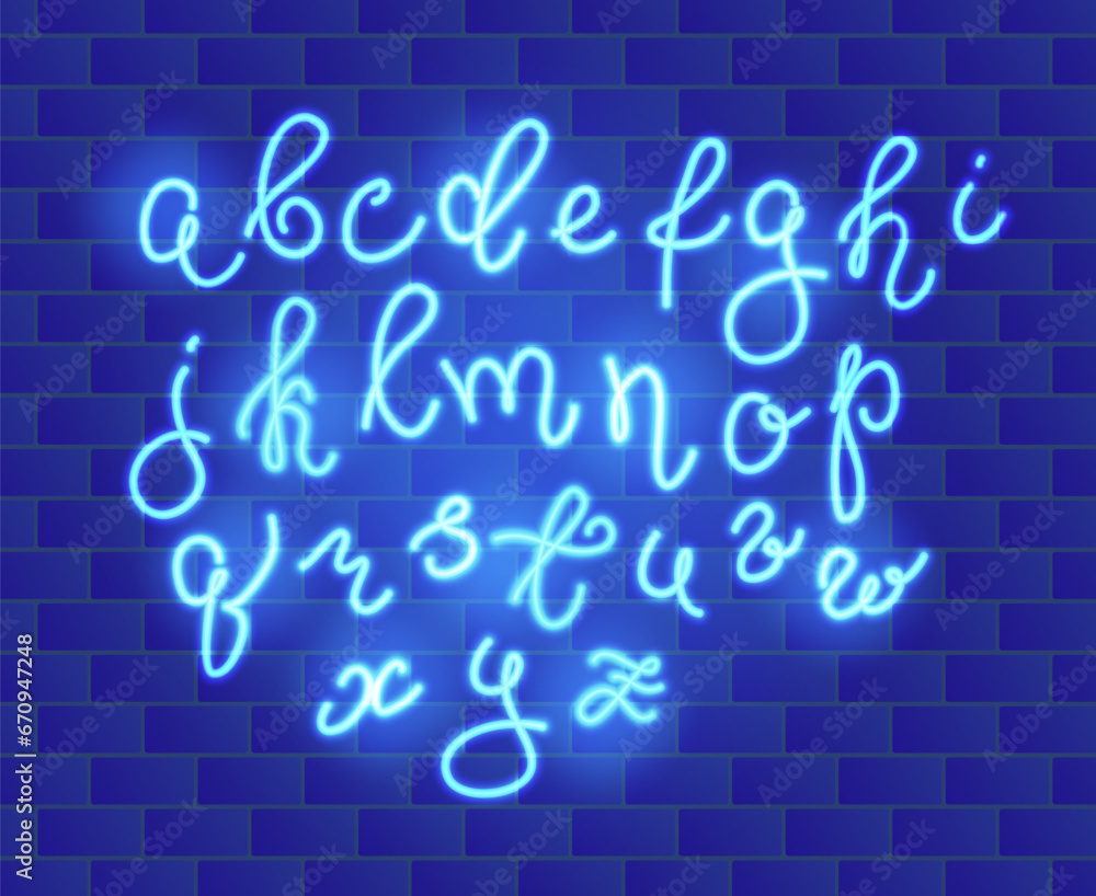 Poster glowing neon script alphabet illuminated concept. vector illustration of blue neon font with lowerca