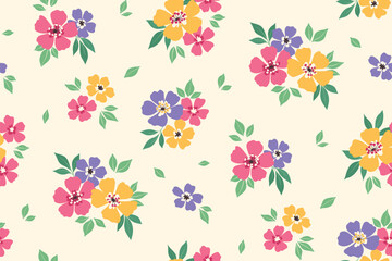 Seamless floral pattern, liberty ditsy print with simple summer meadow. Cute botanical design, colorful decor: small hand drawn daisy flowers, tiny leaves, bouquets on a white background. Vector.