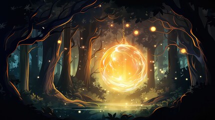 the flame on a orb is in a forest, surrounded by trees