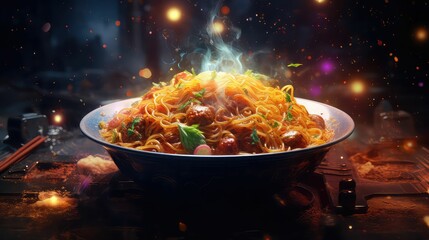 An AI illustration of spaghetti noodles with meat, vegetables and vegetables is shown in a white bow - obrazy, fototapety, plakaty