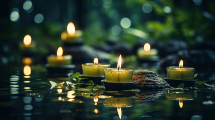 Tranquil spa scene with lit candles on water