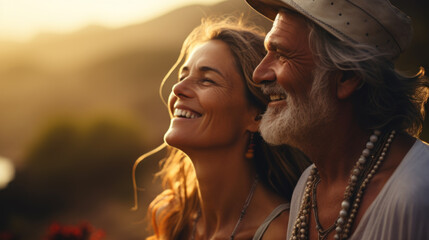 Happy older couple laughing in sunset light