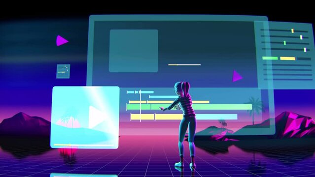 Cartoon Girl Editing A Video In A Floating Holographic Environment Moving Tools And Content Gesturing In The Air 3D Animation