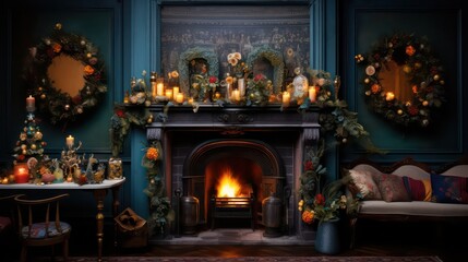 Obraz premium Raise a festive toast by the retro fireplace at the party celebration.