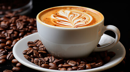 Close-up of a latte or cappuccino with latte art in a white cup surrounded by roasted coffee beans