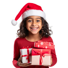 Excited funny Indian latin kid child girl wears Santa Claus isolated on transparent background.