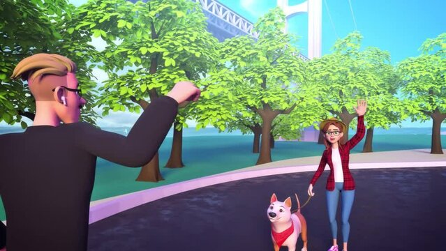3d Rendered Girl In Red Shirt Walking Dog On Road And Exchange Waving Hi With A Man With Trees In Background.