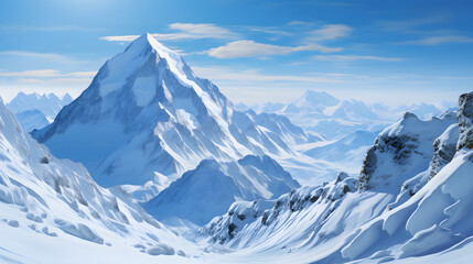 Obraz premium Be captivated by the grandeur of winter with this stunning banner, featuring snow-capped mountain peaks against a clear, blue sky.