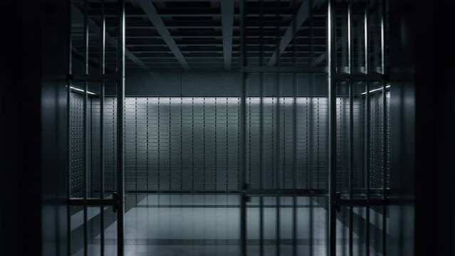 Moving out from Strong Room with Large Bank Vault Door. Metal Round Vault Door is Closing and Locks Itself.