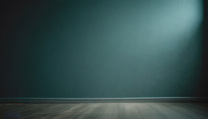 empty room with wall/wooden floor and green empty wall lighting from window /space for product presentation 
