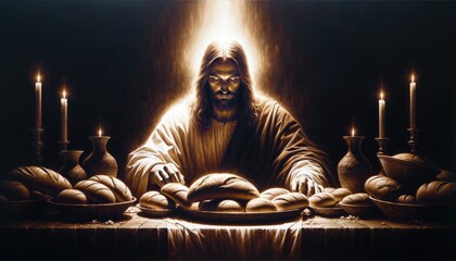 Jesus Breaking breadJesus Christ with bread during Last Supper. - obrazy, fototapety, plakaty