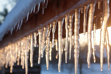 Frozen icicles on a winter morning. Icicles hanging from a roof on a cold and frosty winter day. - obrazy, fototapety, plakaty