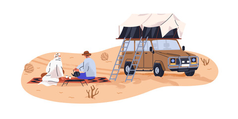 Sand desert camping, adventure. Tourist camper and bedouin sitting, drinking tea. Traveler at holiday travel, journey, trip by SUV car with tent. Flat vector illustration isolated on white background - obrazy, fototapety, plakaty