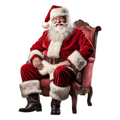 Full body old Santa Claus man 50s in Christmas hat sitting on wooden boss chair isolated on transparent background. - obrazy, fototapety, plakaty