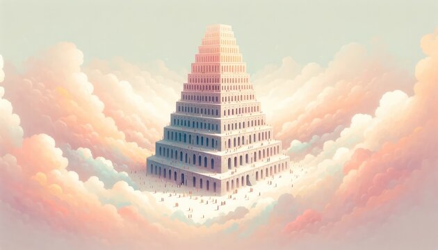 Tower of Babel reaching the clouds. Digital illustration.