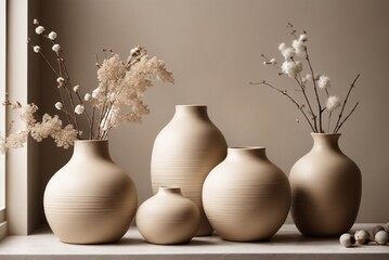 Ceramic vases with dried flowers on shelf on grey background