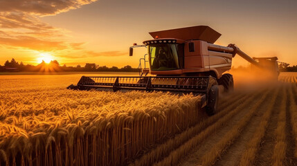 A big combine harvester harvesting wheat from a farmer's fields. - obrazy, fototapety, plakaty