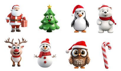  festive Christmas characters icon set. Includes Santa Claus, candy cane, chrismas-tree, rudolph, and more. Perfect for adding seasonal charm to your projects.PNG