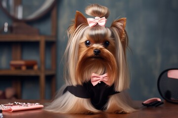 cute yorkshire terrier dog or yorkie in grooming beauty salon with pink interior