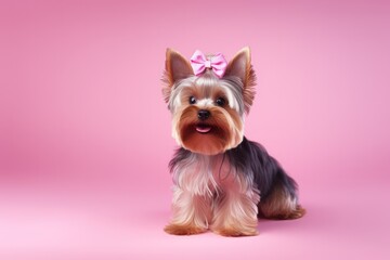 cute yorkshire terrier dog or yorkie puppy with a pink bow on pink background