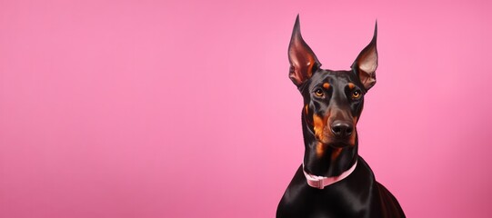 black doberman pinscher dog on pink background banner copy space left. Pet products store, vet clinic, grooming salon poster banner. - obrazy, fototapety, plakaty