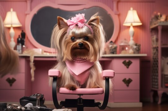 cute yorkshire terrier dog or yorkie in grooming beauty salon with pink interior