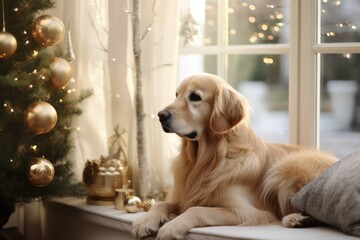 golden retriever at home decorated with Christmas tree, decorations and lights near window