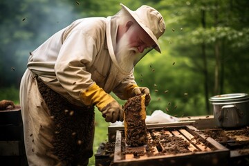 Senior man or grandfather doing backyard beekeeping hobby in the garden. Honey production. Man-made beehive - obrazy, fototapety, plakaty
