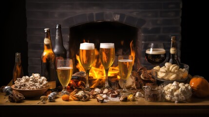 Fototapeta premium Cheers with craft beer by the cozy fireplace, a perfect celebration moment.