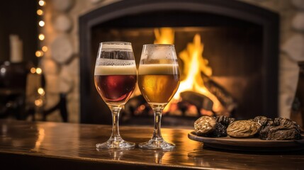 Cheers with craft beer by the cozy fireplace, a perfect celebration moment.