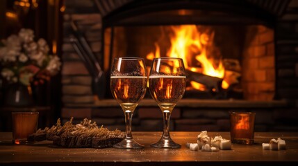 Cheers with craft beer by the cozy fireplace, a perfect celebration moment.