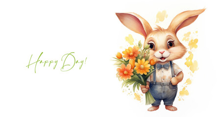 Little cartoon hare rabbit in watercolor style holding a bouquet of flowers as a postcard congratulations on Mother's Day or birthday holiday