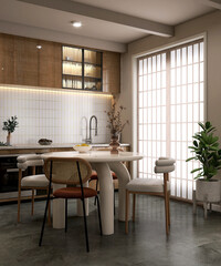 Japandi style kitchen, beige round dining table, chair, counter cabinet with sink, cupboard in sunlight from shoji window for luxury interior decoration, cooking, dining product background 3D