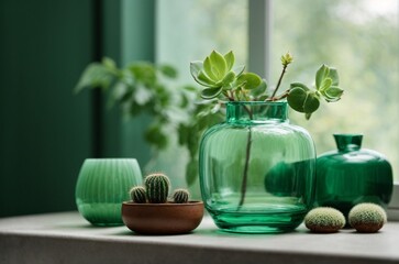 Cactus and succulents in glass vases on green background